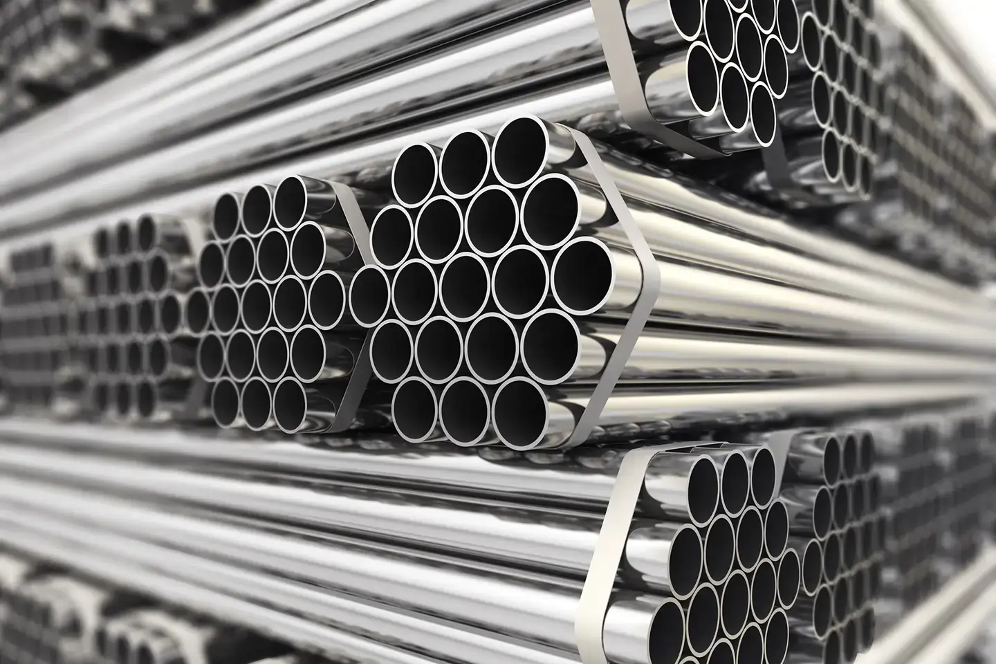 Stacked round steel pipes and mechanical tubing